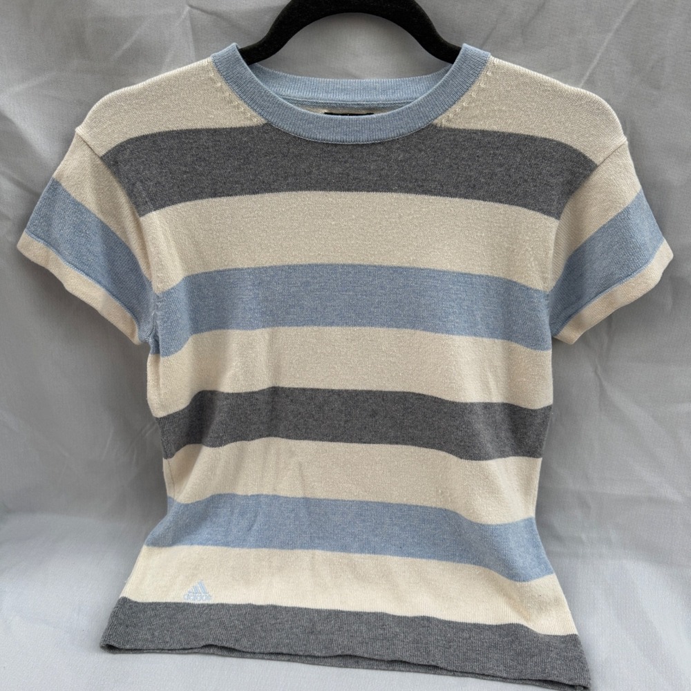 Adidas Short Sleeve Sweater S Blue Cream Silk Cashmere Striped Y2K Vintage 2003
